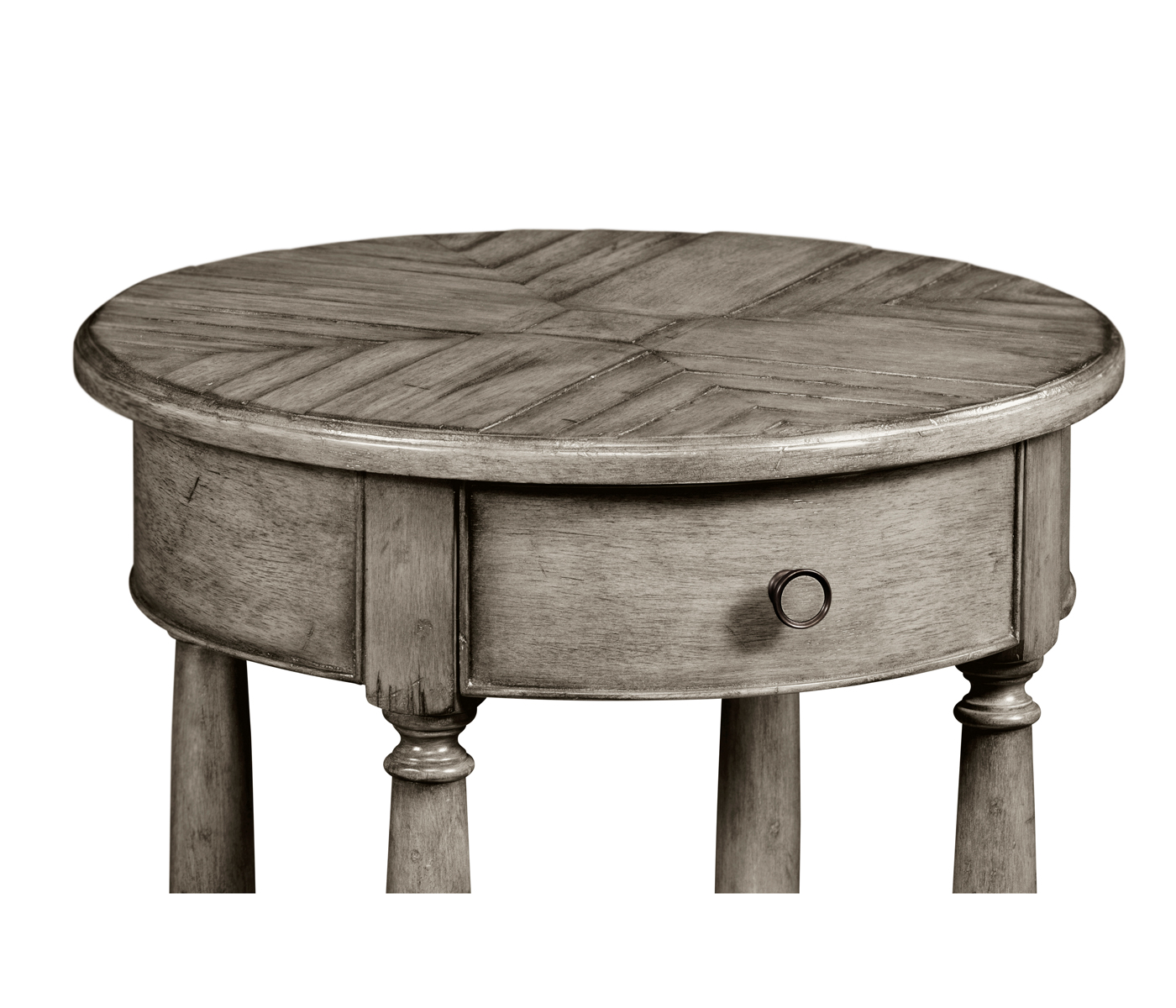 Antique dark grey parquet round side table with contrast inlay