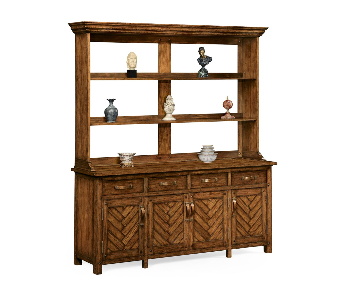 Country Walnut Parquet Welsh Dresser with Strap Handles