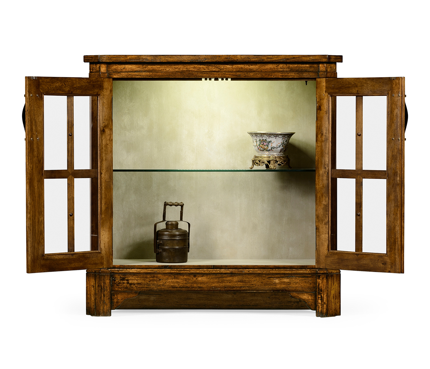 Country Walnut Low Bookcase with Strap Handles