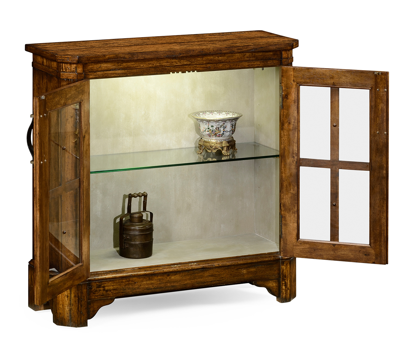 Country Walnut Low Bookcase with Strap Handles