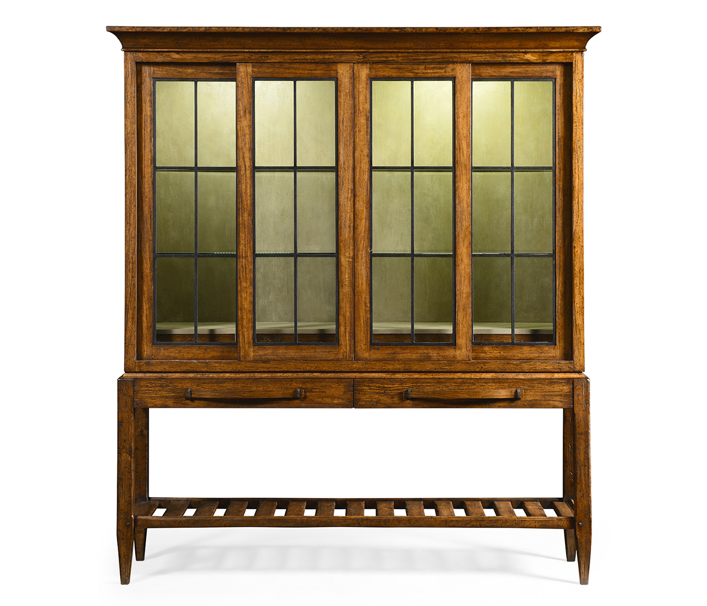 Country Walnut Glazed Display Double Cabinet