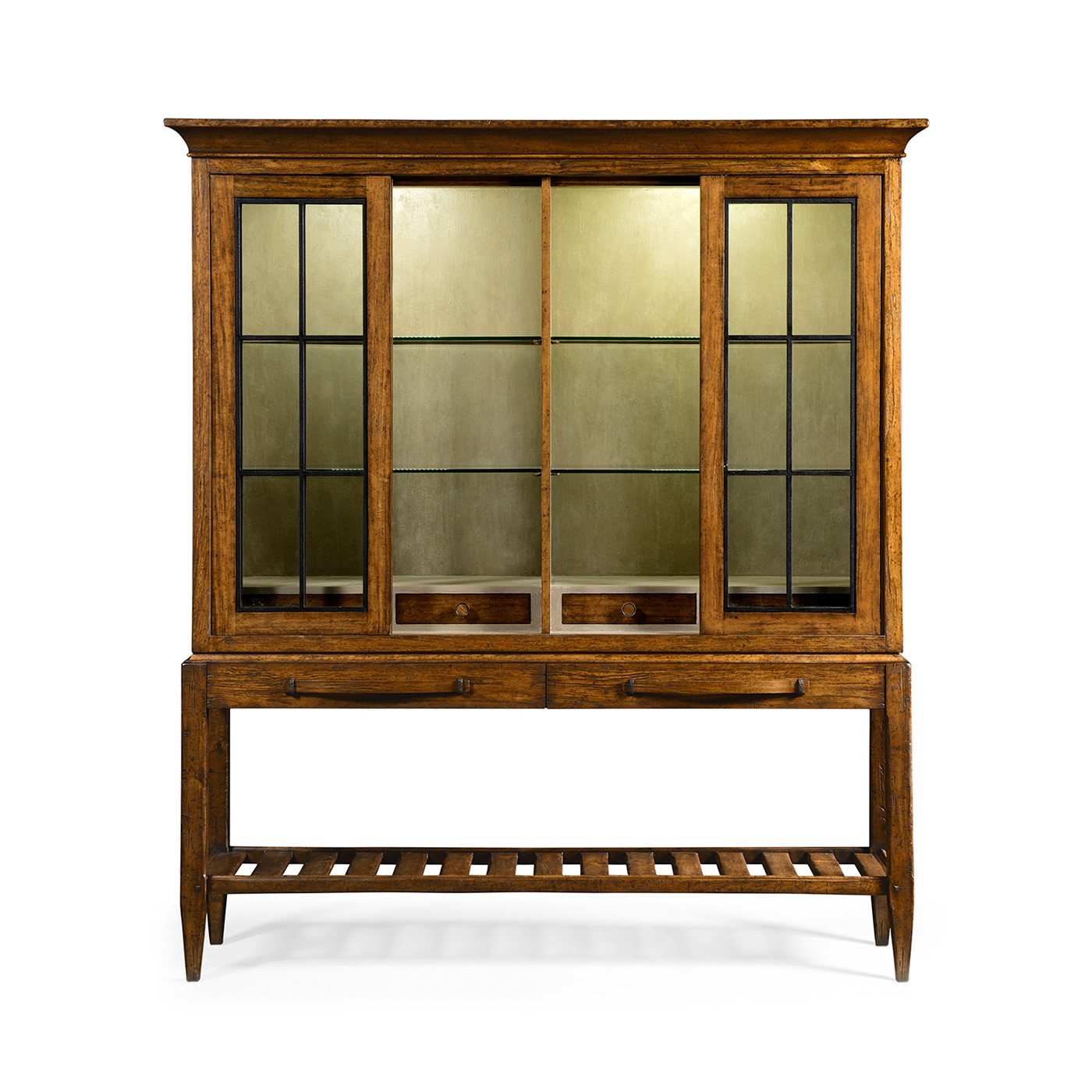 Country Walnut Glazed Display Double Cabinet