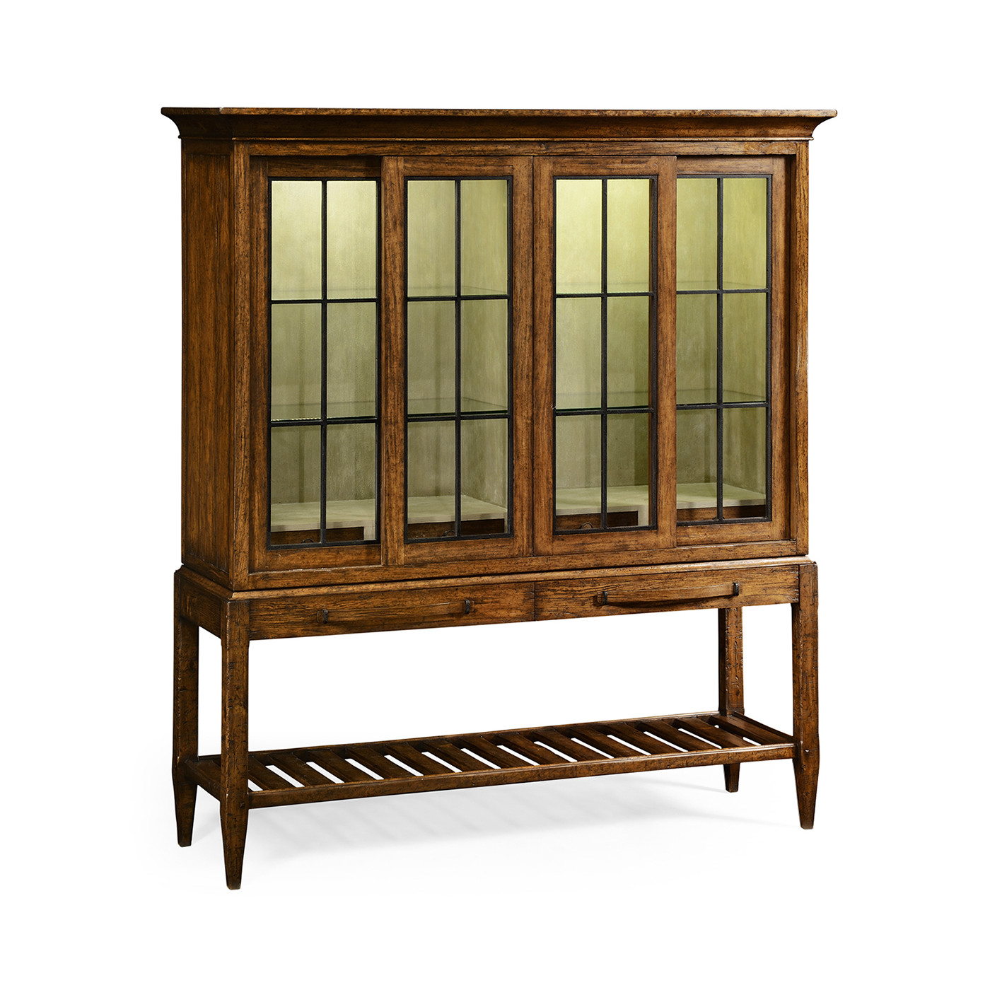 Country Walnut Glazed Display Double Cabinet