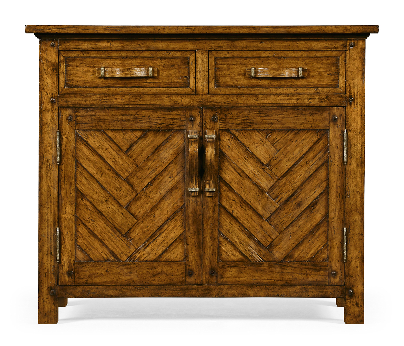 Plank country walnut cabinet or dresser base with strap handles