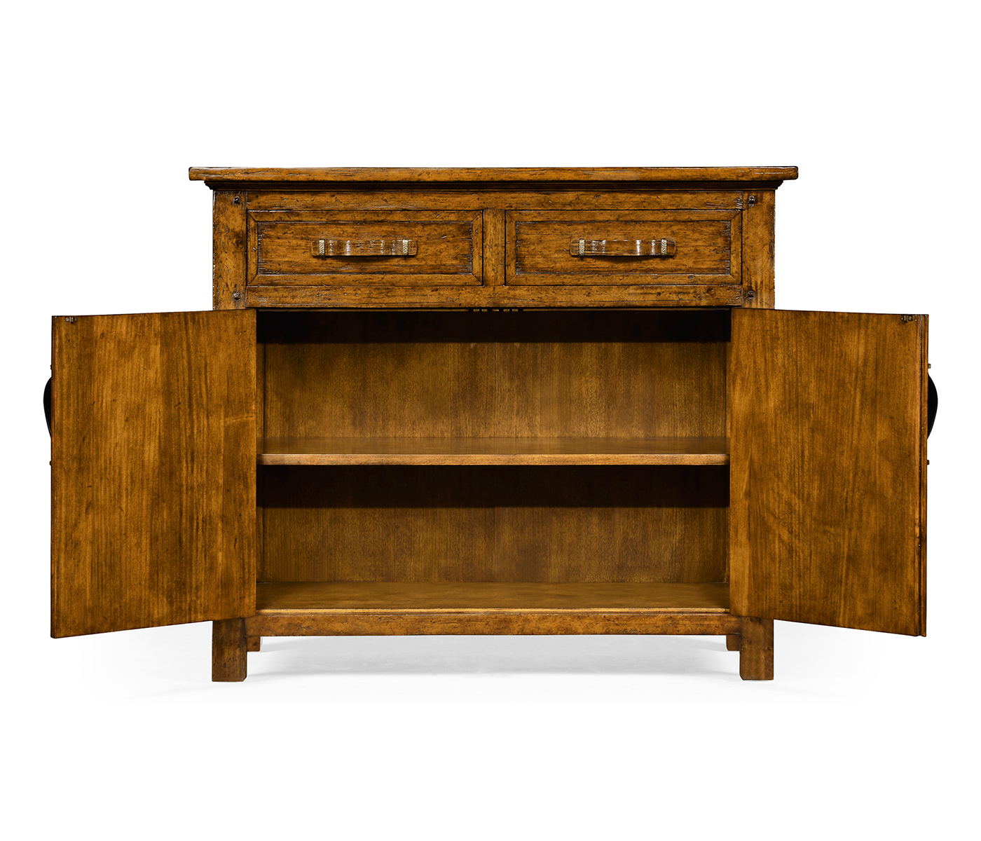 Plank country walnut cabinet or dresser base with strap handles