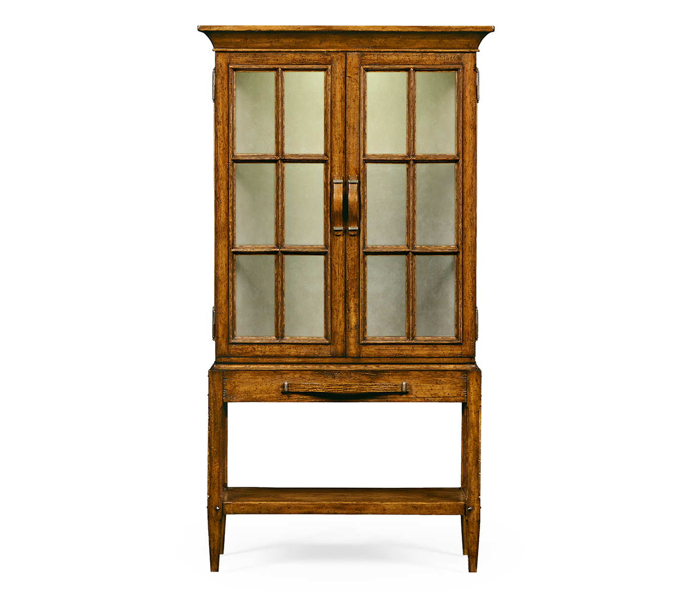 Country Walnut Glazed Display Cabinet with Strap Handles