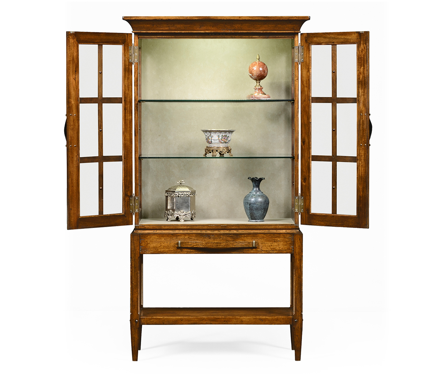 Country Walnut Glazed Display Cabinet with Strap Handles
