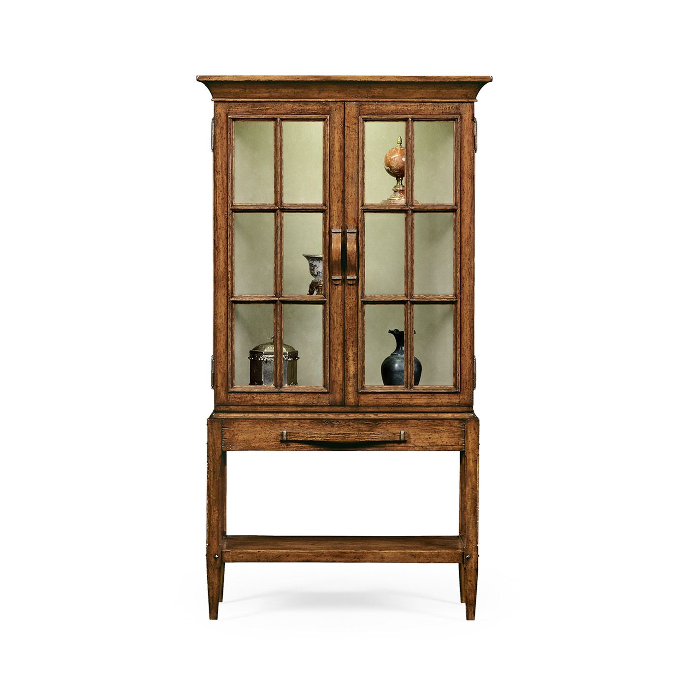Country Walnut Glazed Display Cabinet with Strap Handles