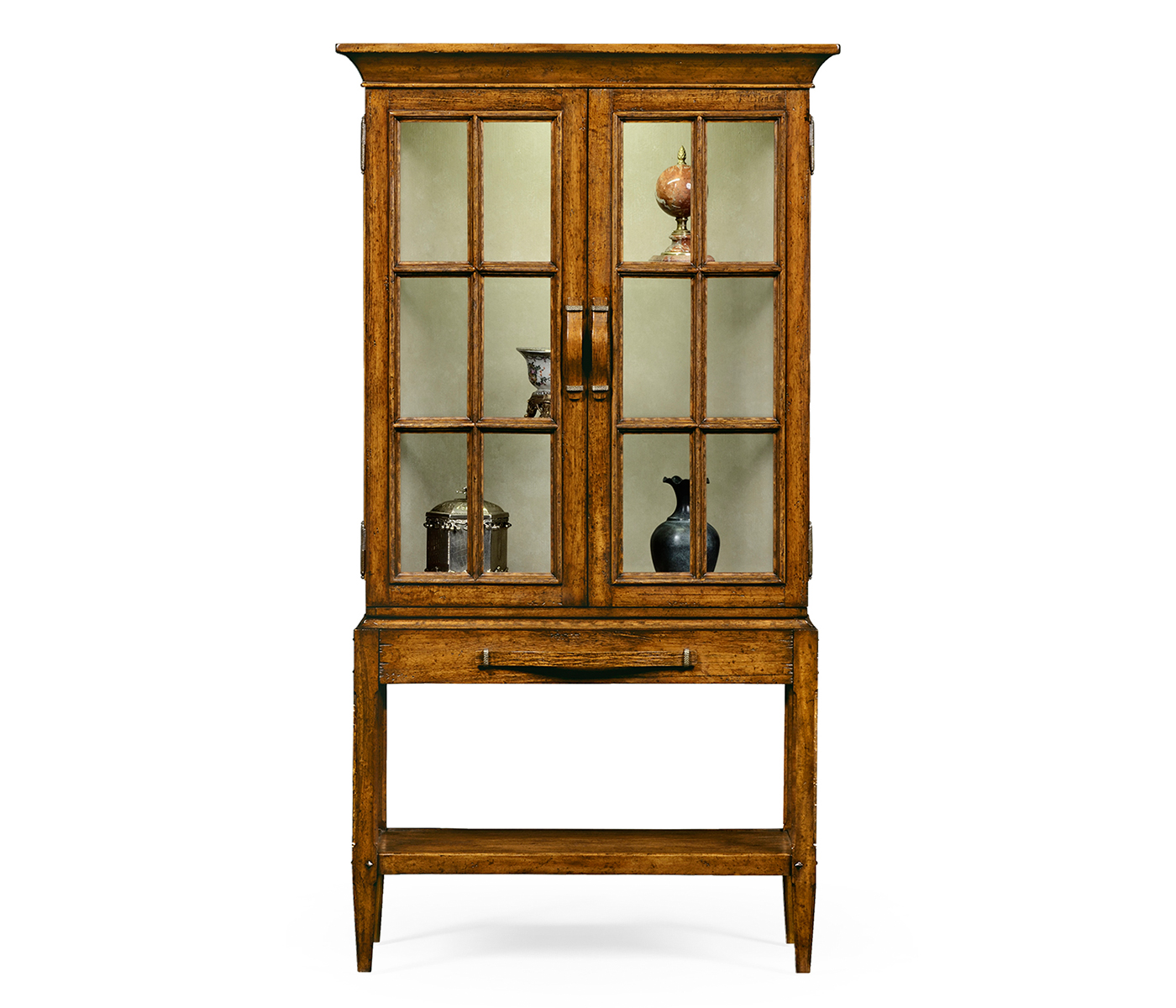 Country Walnut Glazed Display Cabinet with Strap Handles
