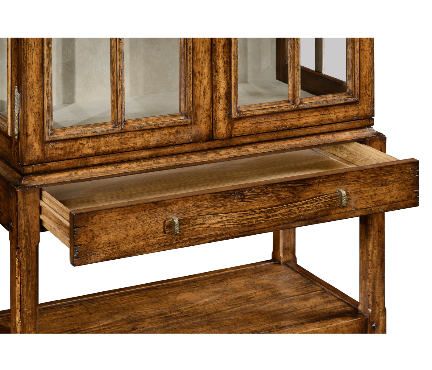 Country Walnut Glazed Display Cabinet with Strap Handles