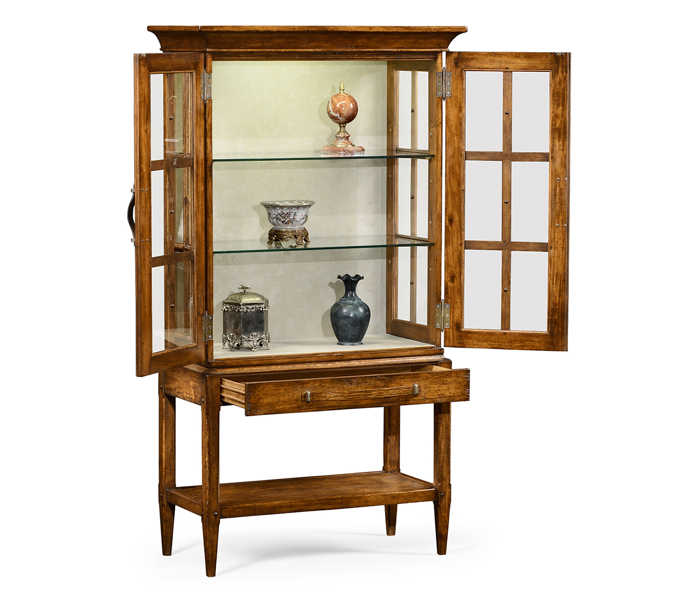 Country Walnut Glazed Display Cabinet with Strap Handles