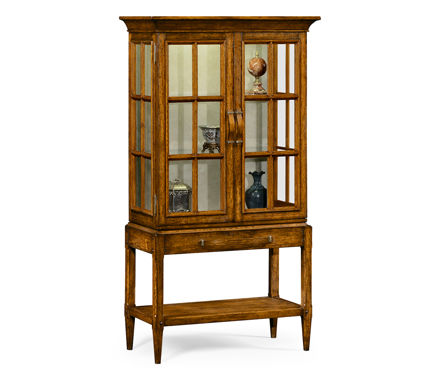 Country Walnut Glazed Display Cabinet with Strap Handles