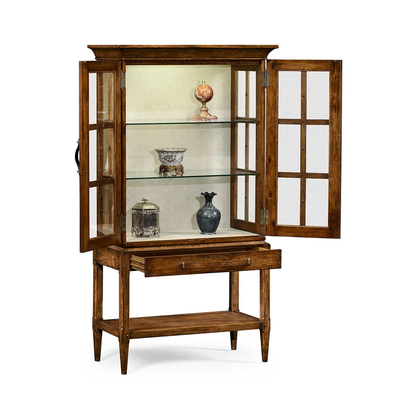 Country Walnut Glazed Display Cabinet with Strap Handles