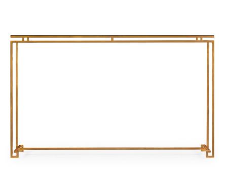 Gilded Iron Large Console Table with A Black Glass Top