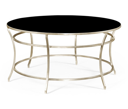 Silver Round Iron Coffee Table with Black Glass Top