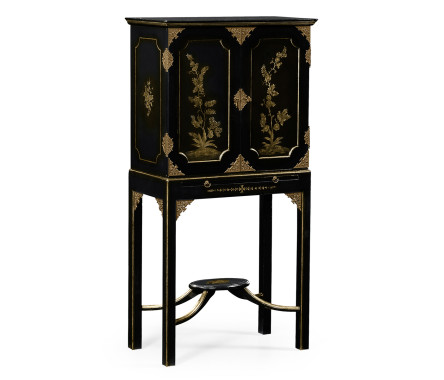 Small Black & Gold Chinoiserie Collectors Cabinet