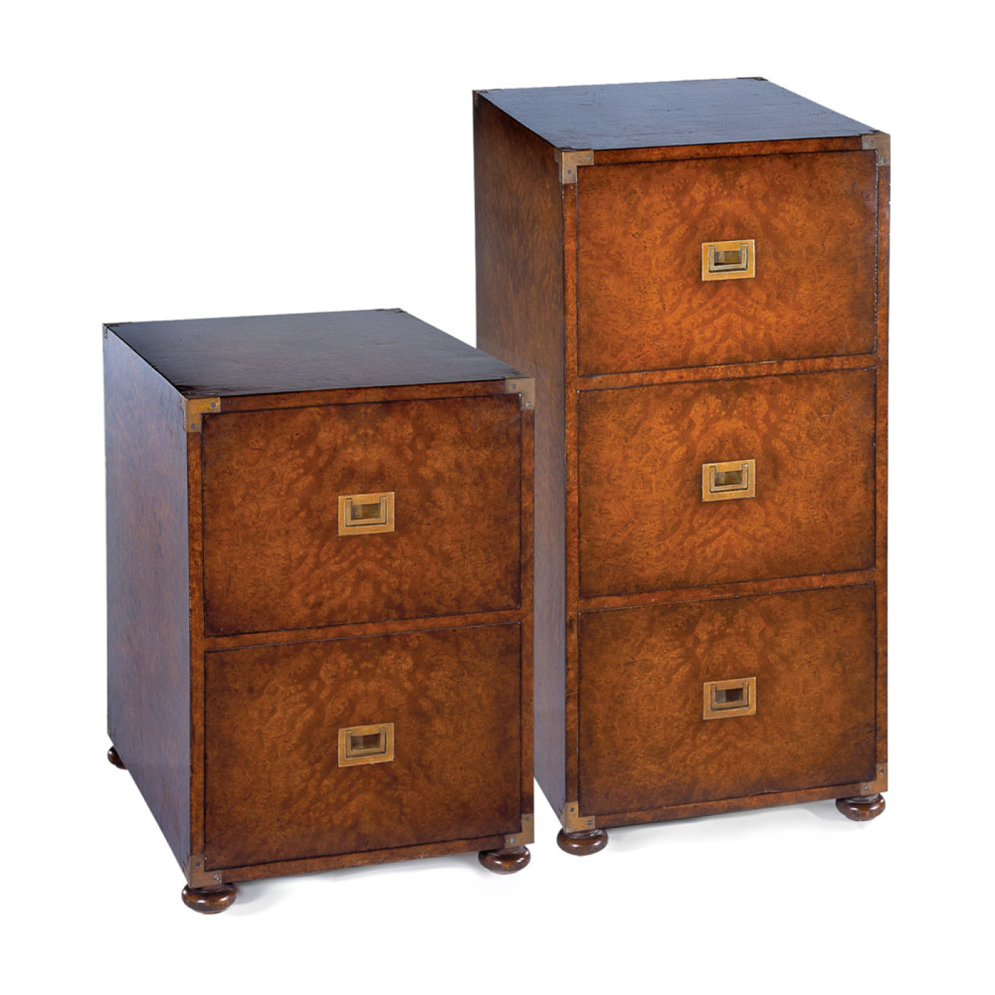 Campaign walnut filing cabinet with two drawers
