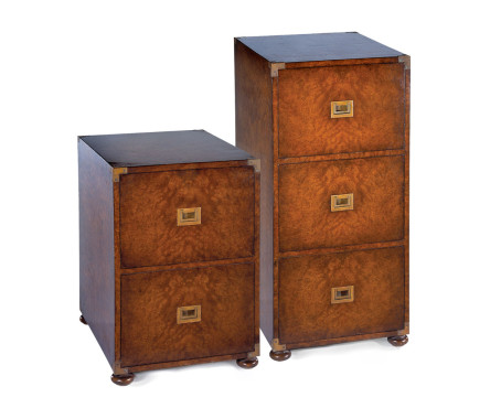 Campaign walnut filing cabinet with two drawers