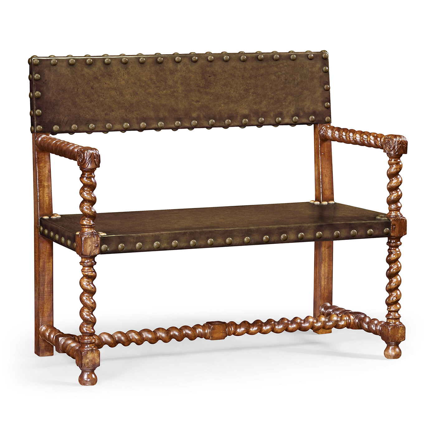 Tudor Style Walnut Bench with Antique Chestnut Leather