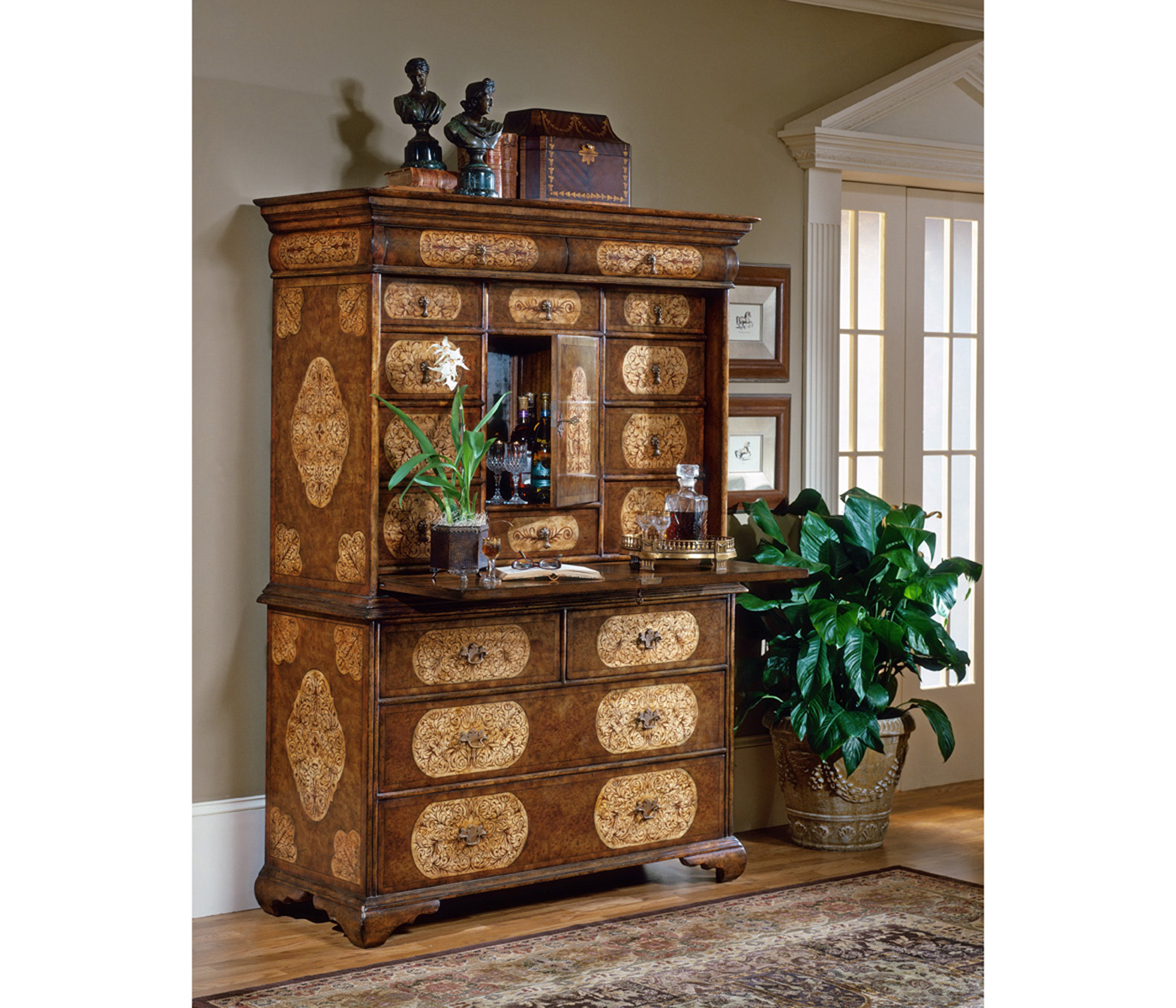 Light Walnut & Seaweed Escritoire Cabinet