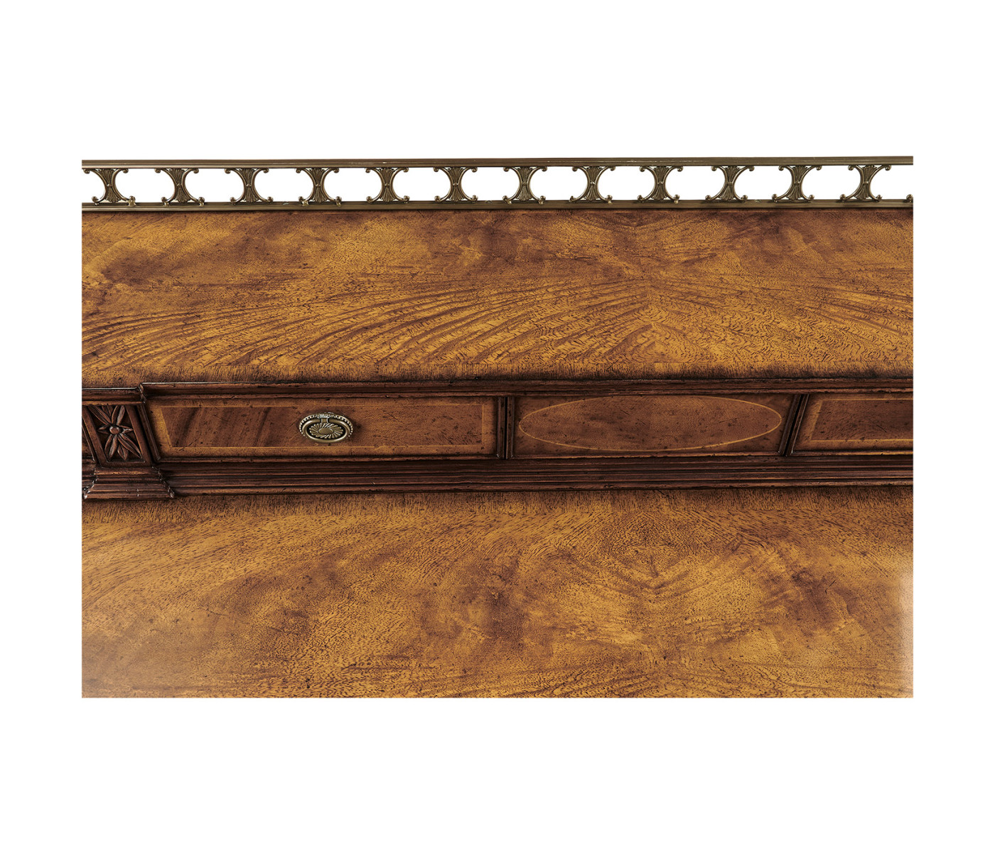 Crotch walnut buffet or serving table with brass gallery