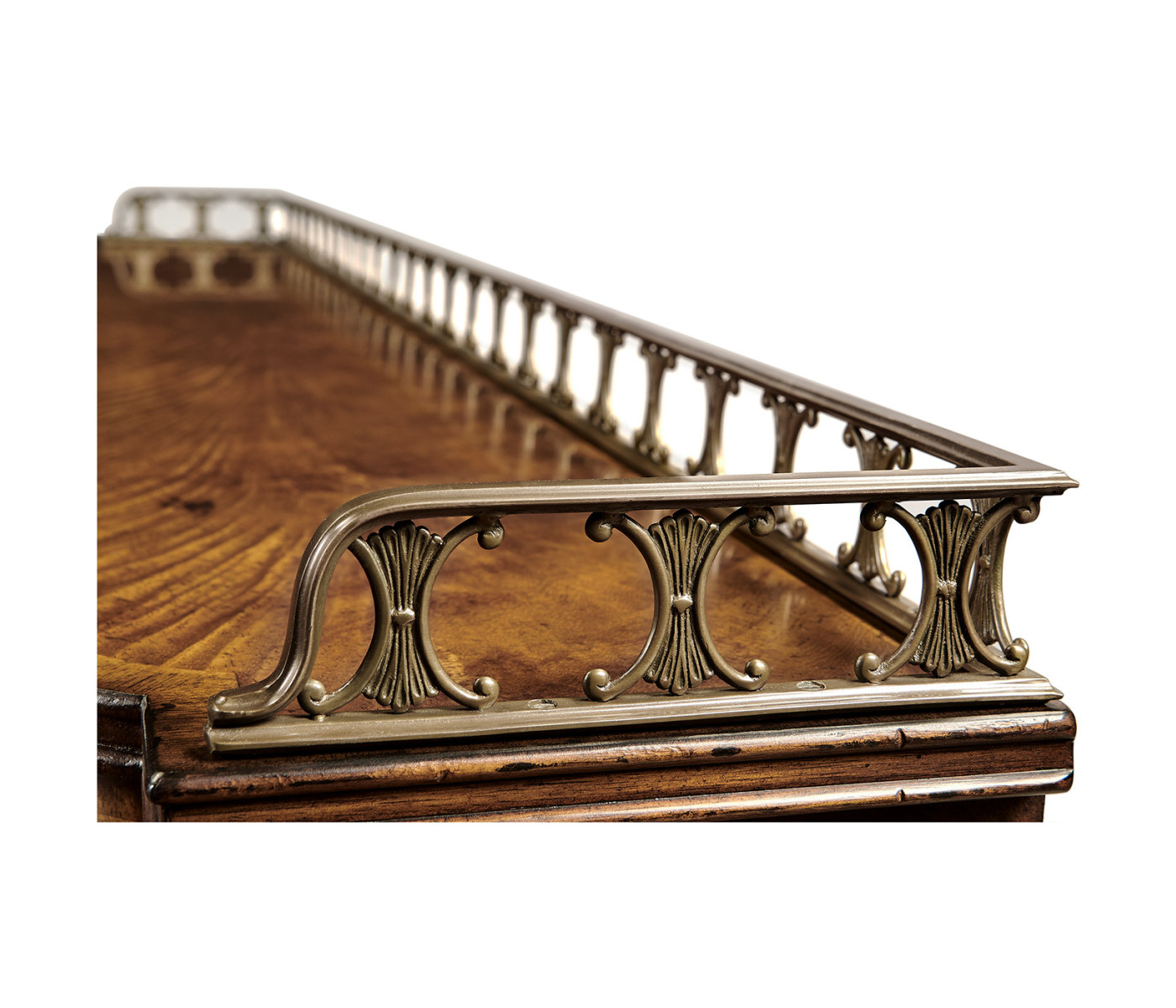 Crotch walnut buffet or serving table with brass gallery