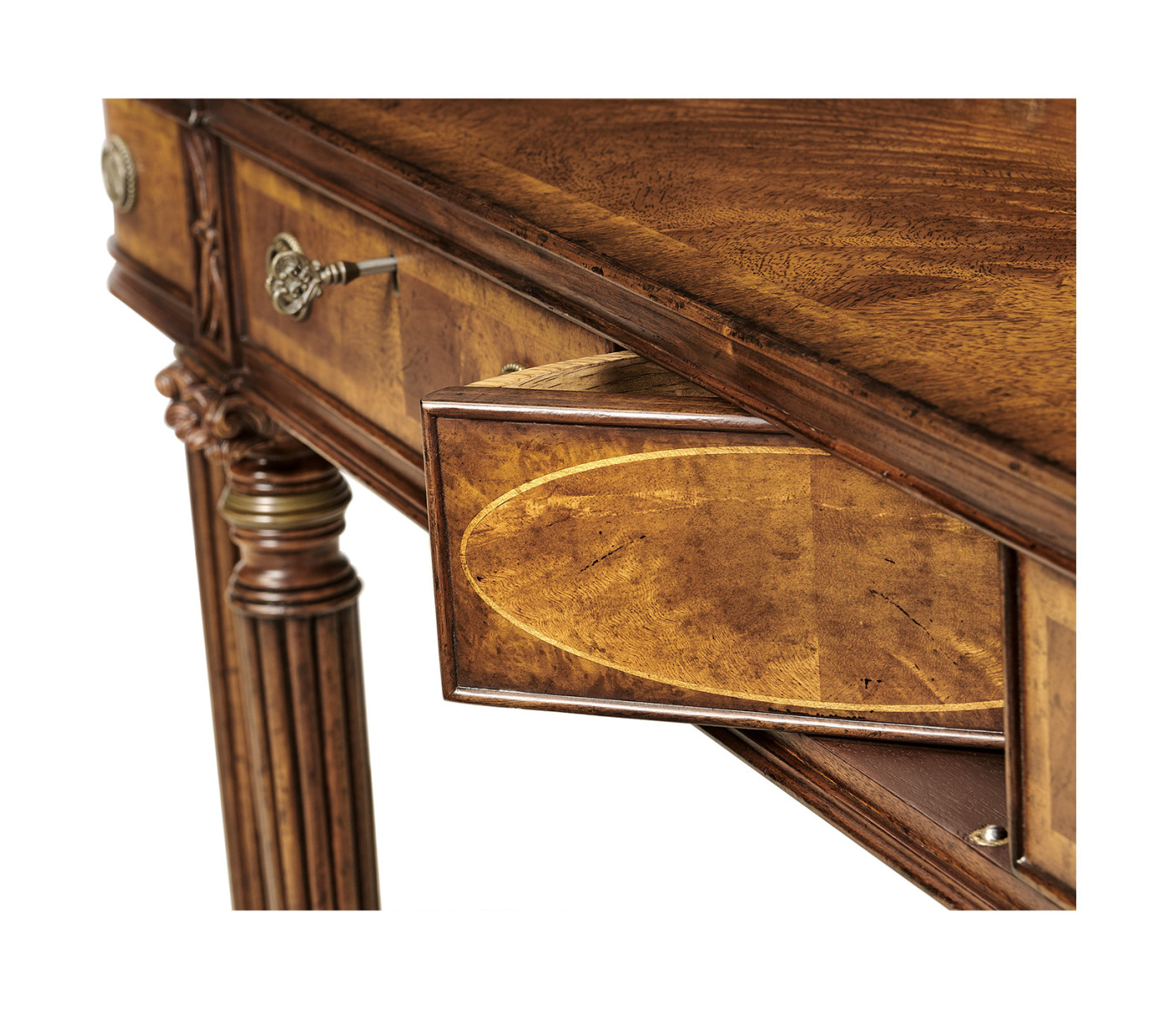 Crotch walnut buffet or serving table with brass gallery