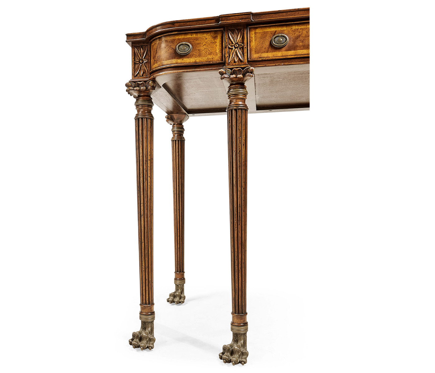 Crotch walnut buffet or serving table with brass gallery