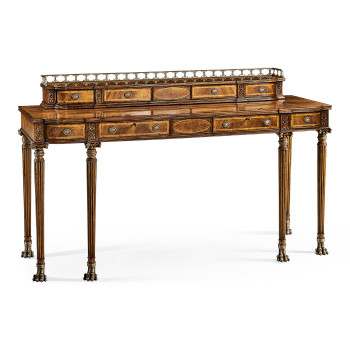 Crotch walnut buffet or serving table with brass gallery