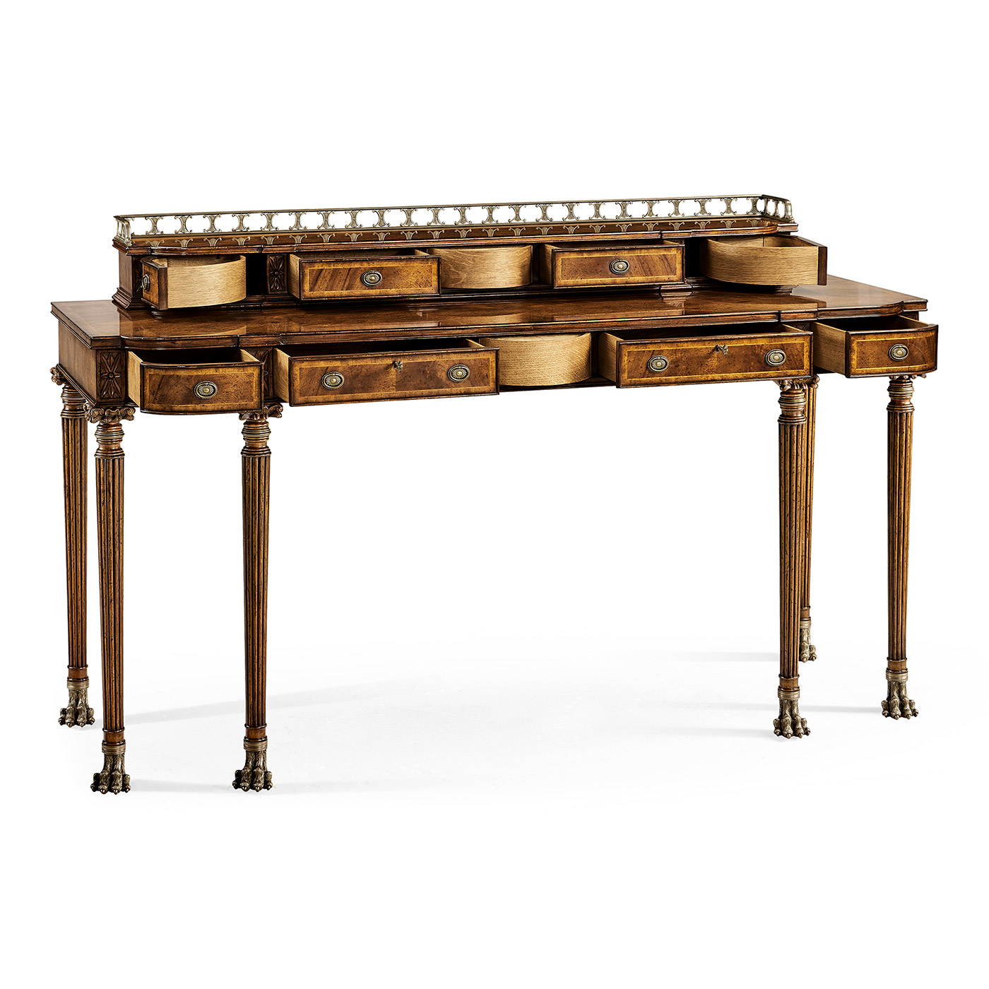 Crotch walnut buffet or serving table with brass gallery