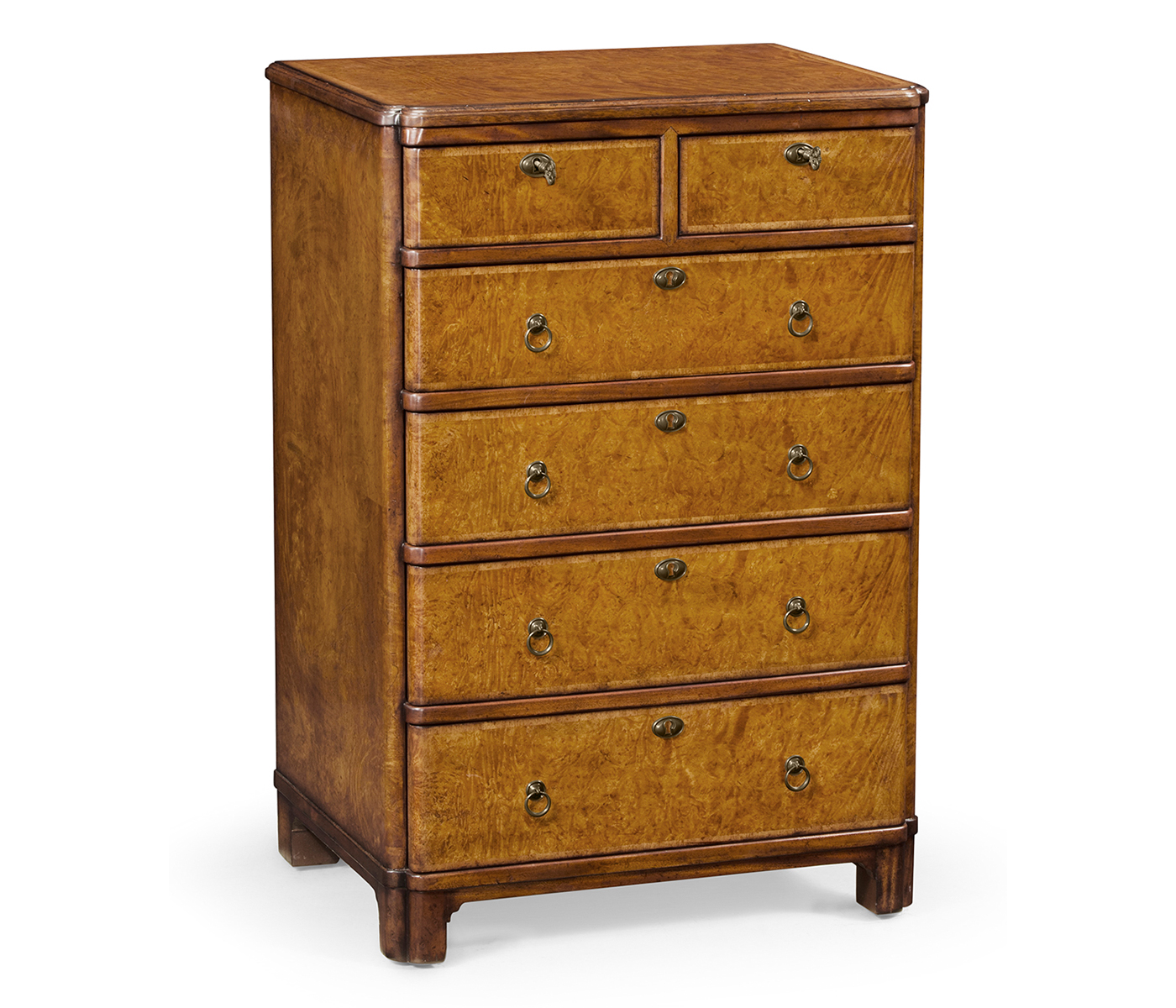 Bow front walnut chest of six drawers