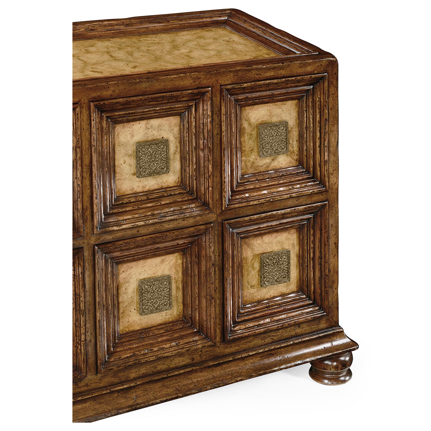 Distressed walnut six drawer chest with square brass handles