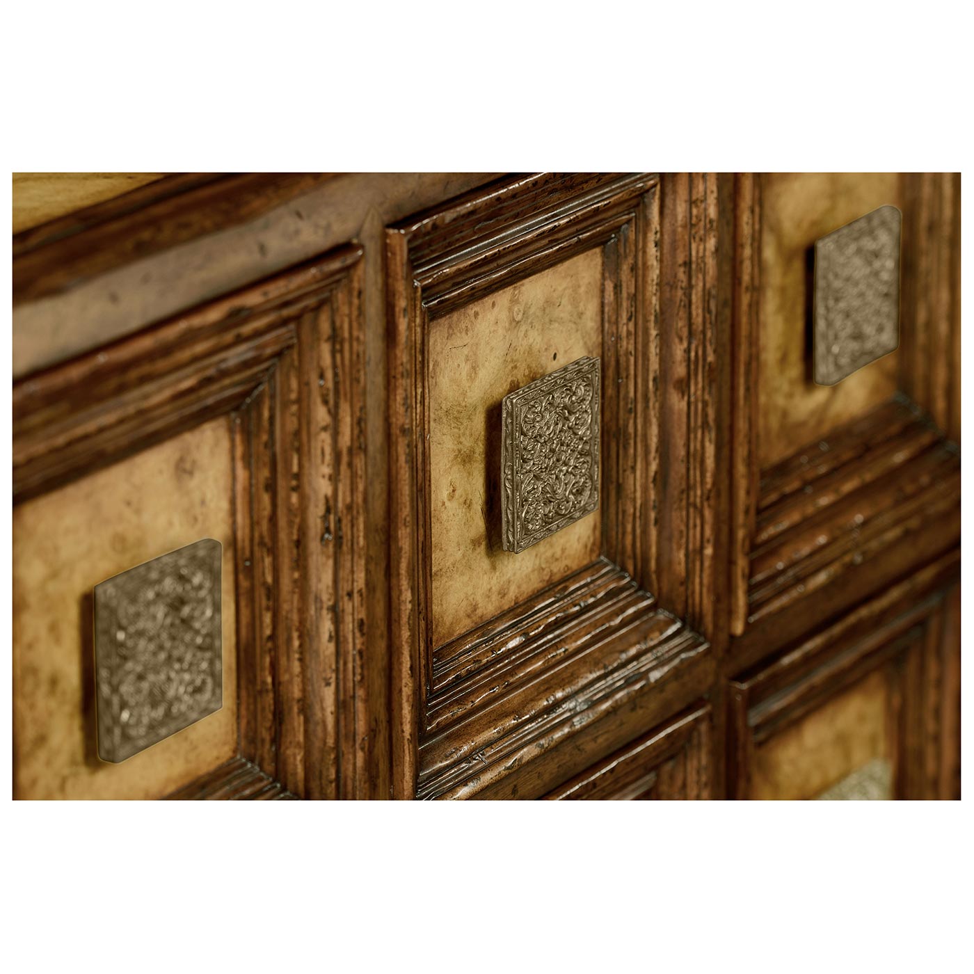 Distressed walnut six drawer chest with square brass handles
