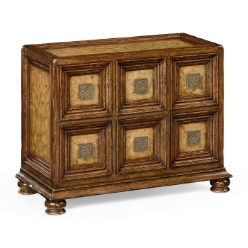 Distressed walnut six drawer chest with square brass handles