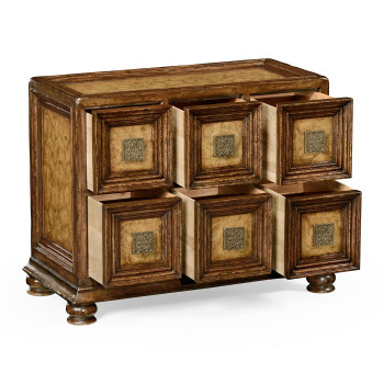 Distressed walnut six drawer chest with square brass handles