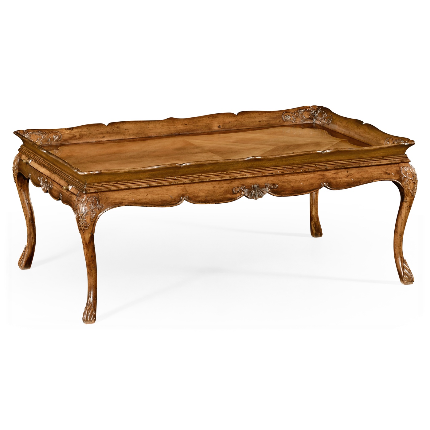 Rectangular satinwood coffee table with carved raised top