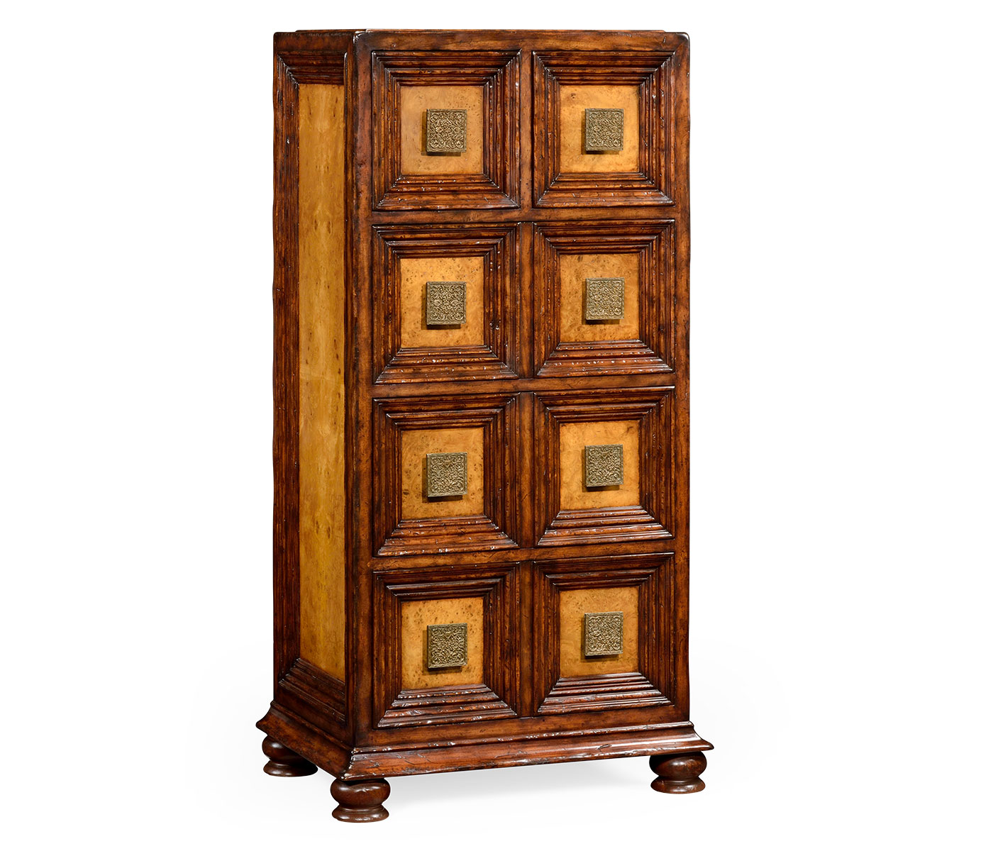 Distressed walnut tall 8-drawer chest (Square brass handles)