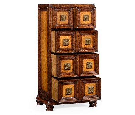 Distressed walnut tall 8-drawer chest (Square brass handles)
