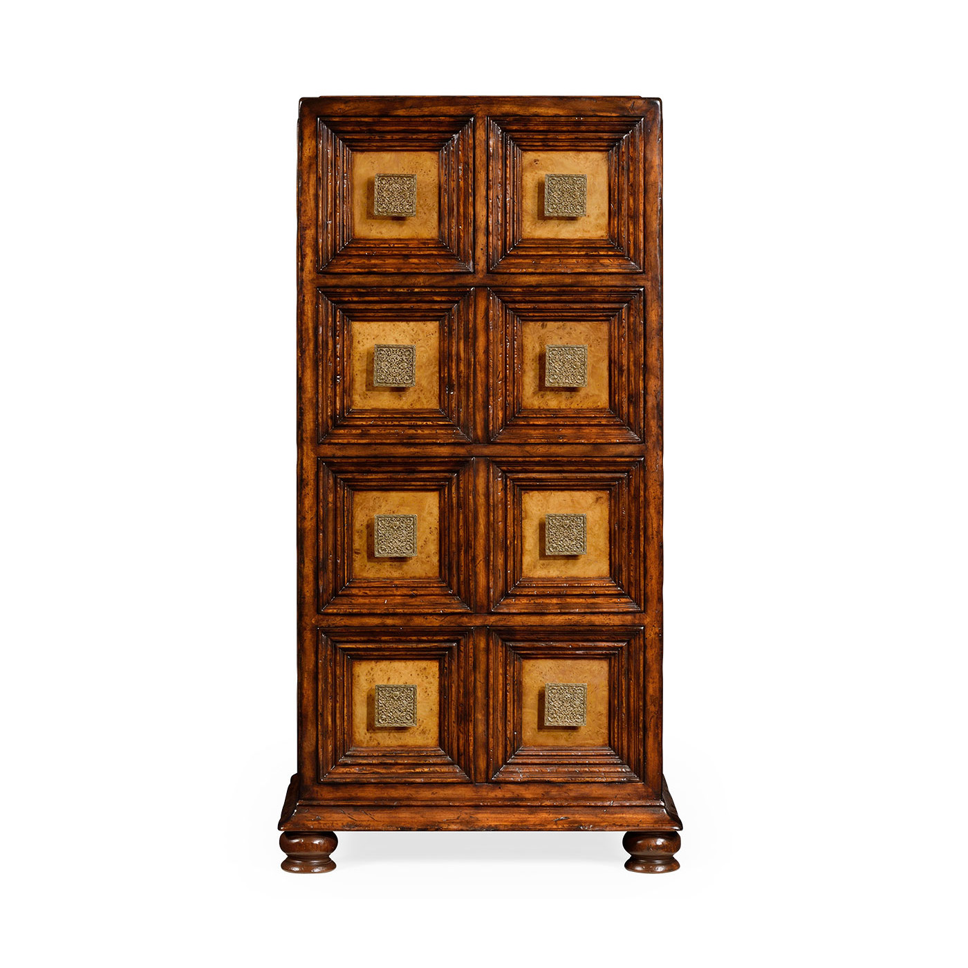 Distressed walnut tall 8-drawer chest (Square brass handles)