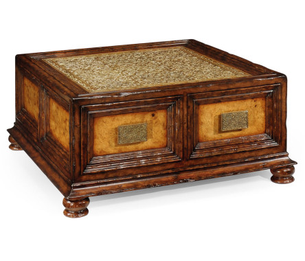 Walnut & Brass Square Coffee Table with Drawers