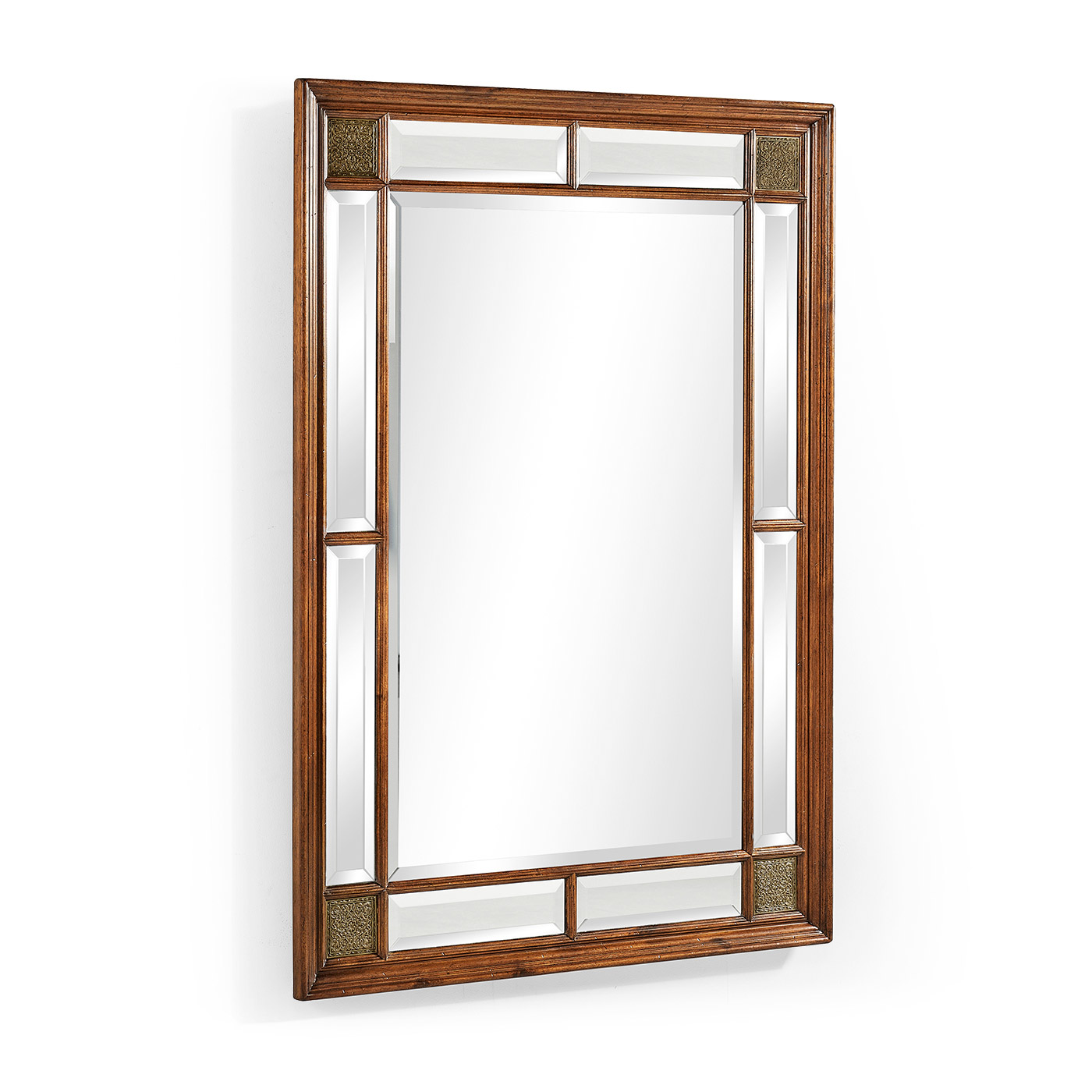 Rectangular Walnut Panelled Mirror with Brass Details