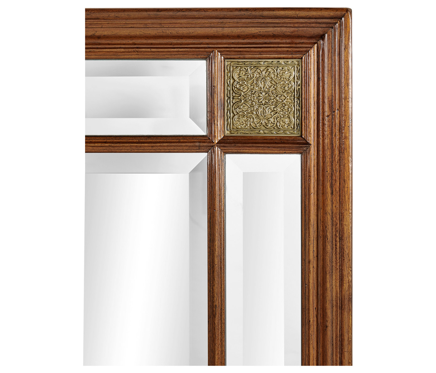 Rectangular Walnut Panelled Mirror with Brass Details