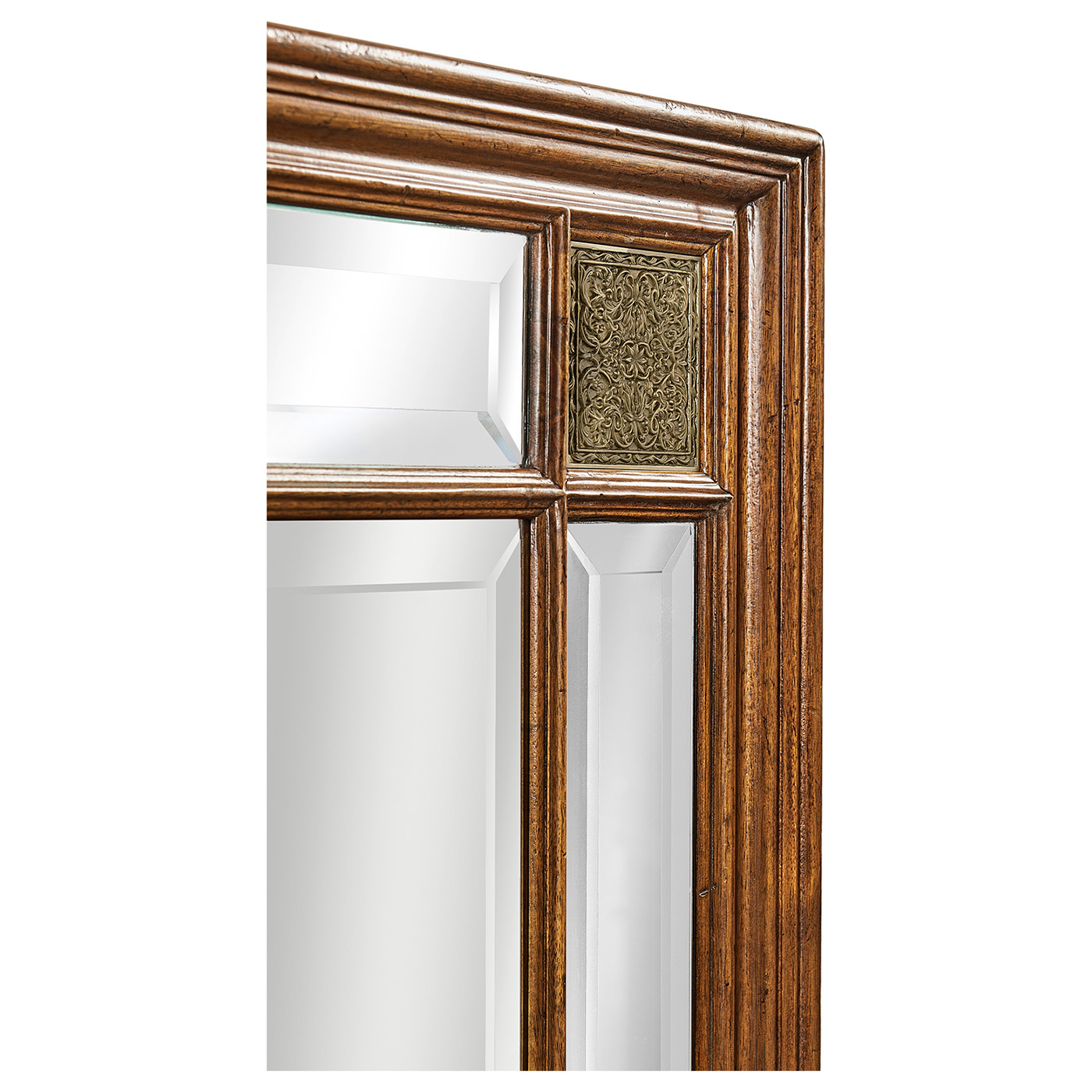 Rectangular Walnut Panelled Mirror with Brass Details