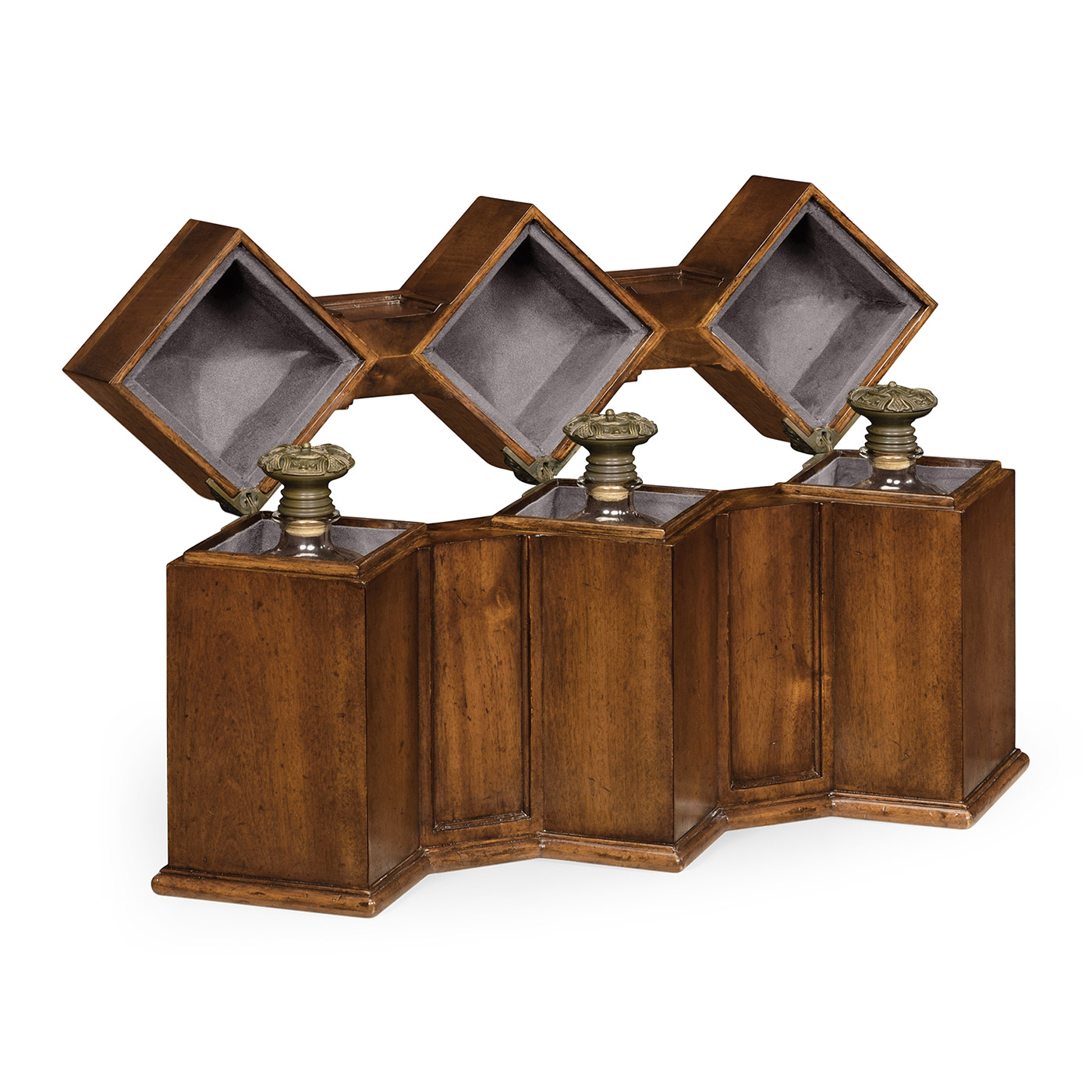 Triple Glass Decanters Set in Conjoined Square Cases