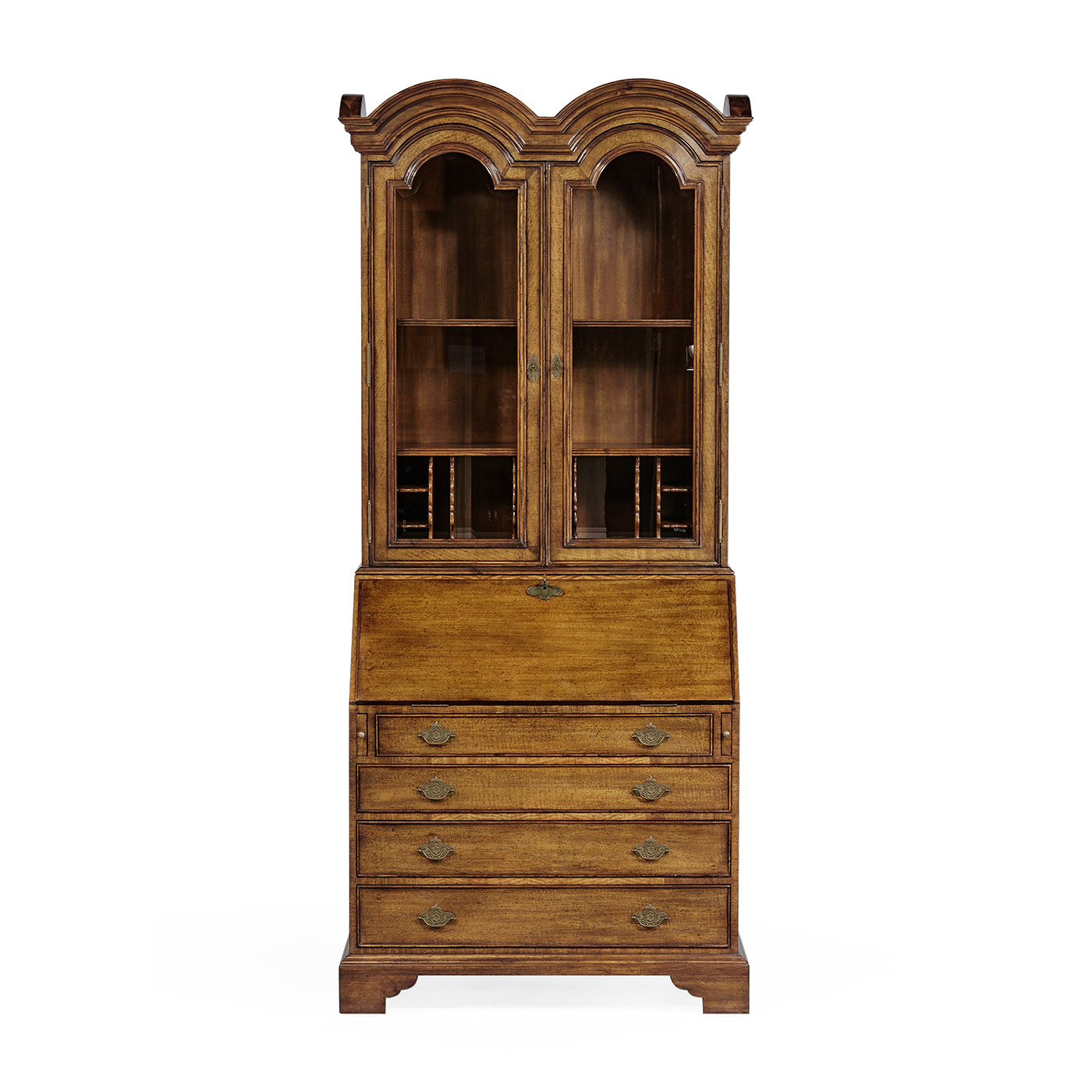 Queen Anne Light Walnut Bureau Cabinet with Glass Doors