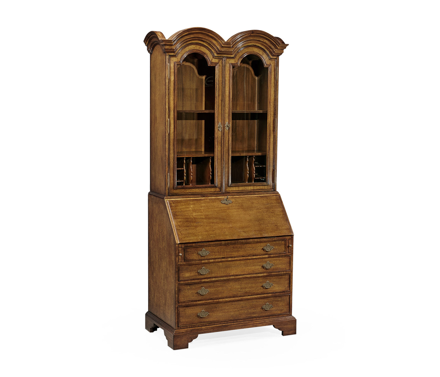 Queen Anne Light Walnut Bureau Cabinet with Glass Doors