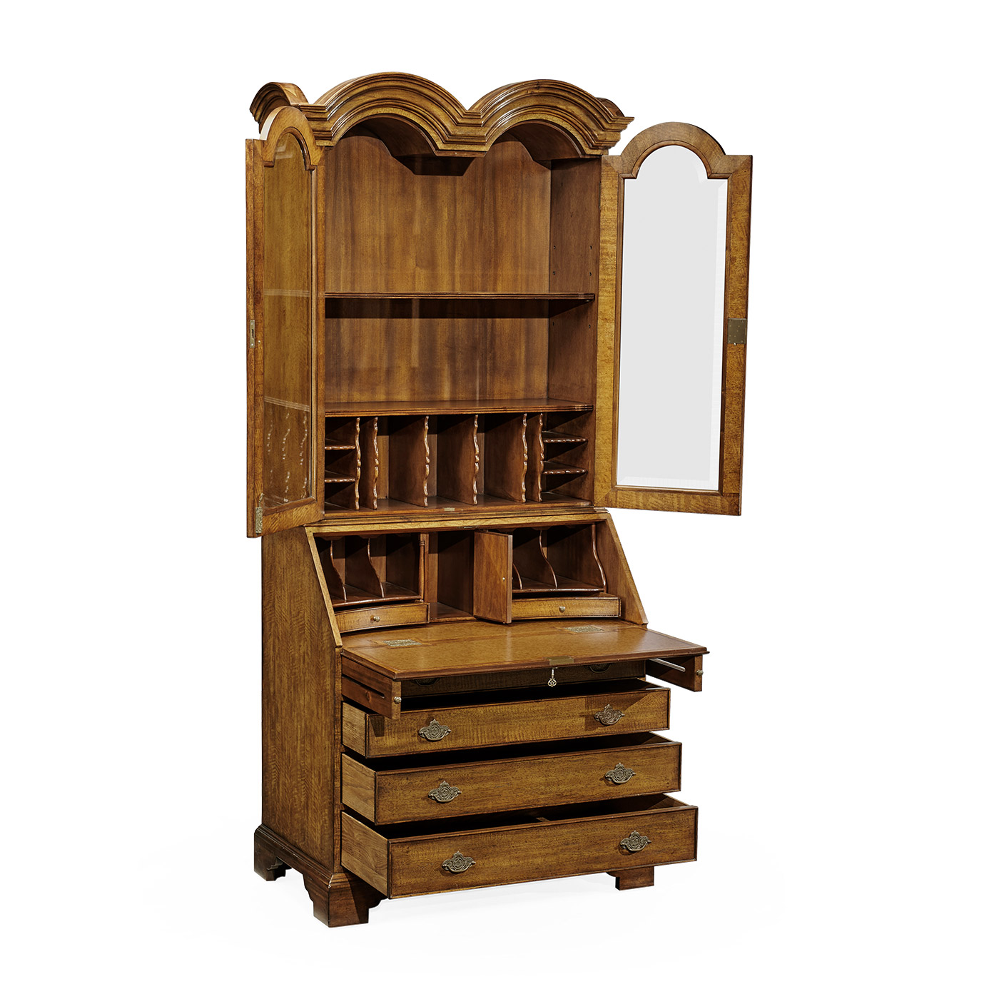 Queen Anne Light Walnut Bureau Cabinet with Glass Doors