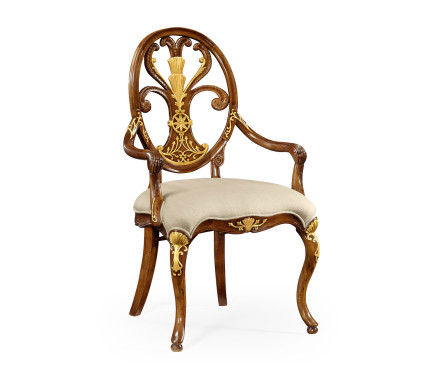 Sheraton Style Walnut & Gilded Oval Back Arm Chair