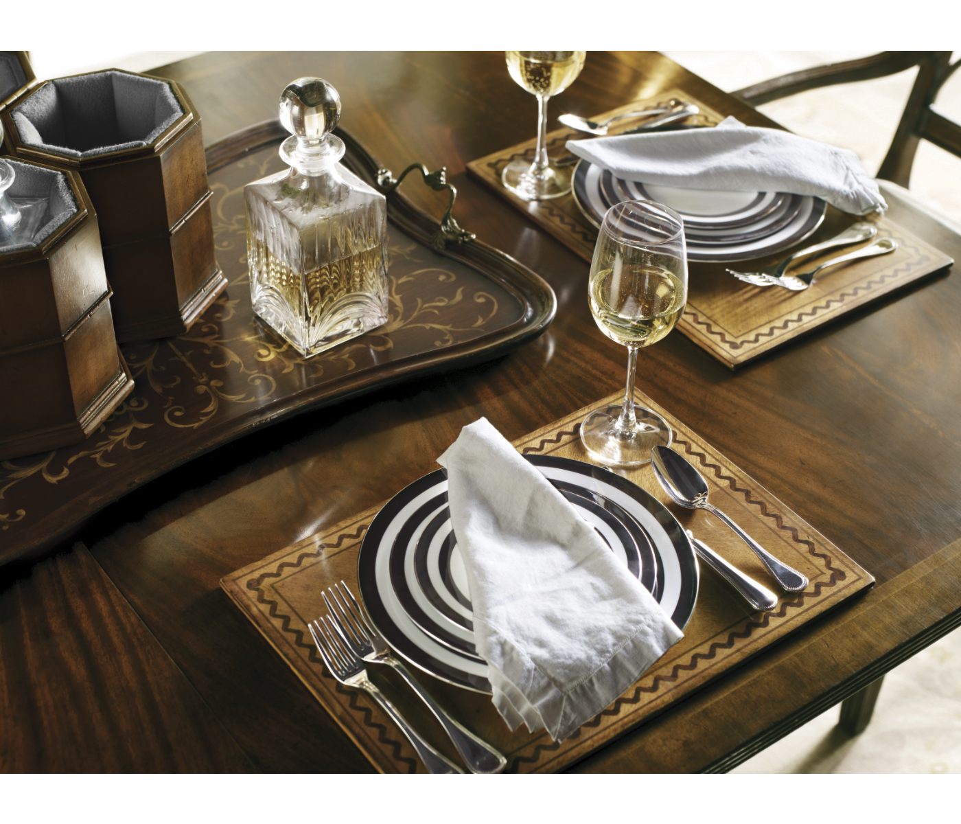 Pair of Glass Decanters in Conjoined Octagonal Walnut Cases