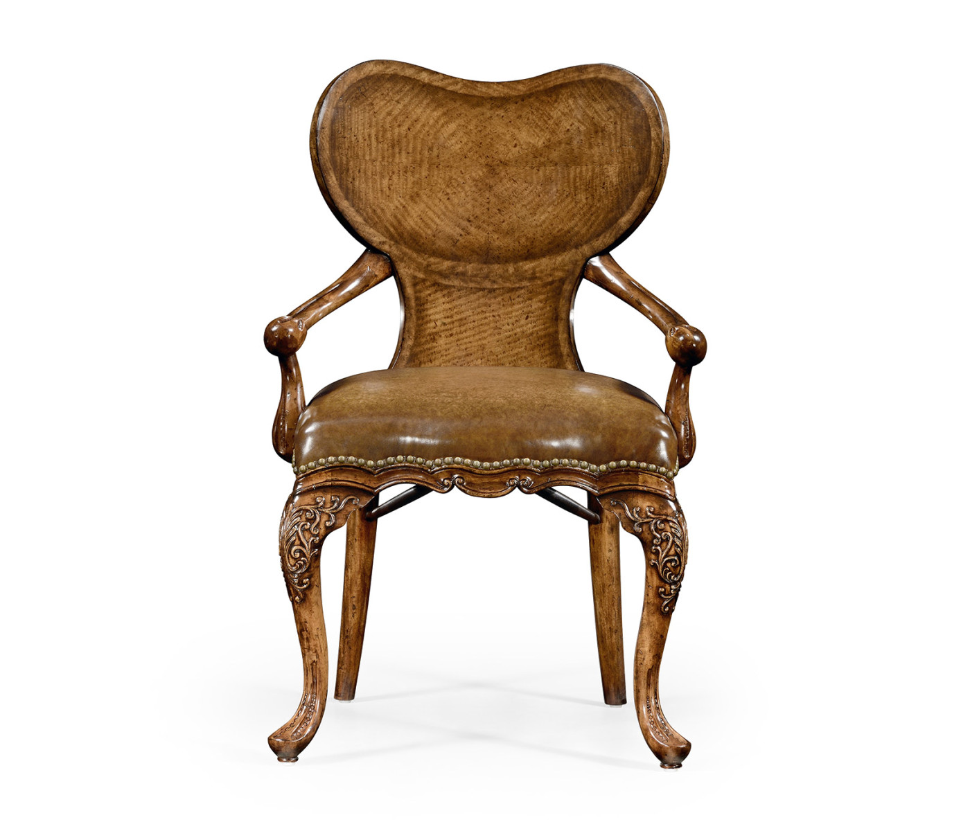 George I style walnut kidney desk chair with medium antique chestnut leather